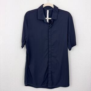 Lululemon Mens Button Shirt Size L Short Sleeve Stretch Minimal Stripe Black